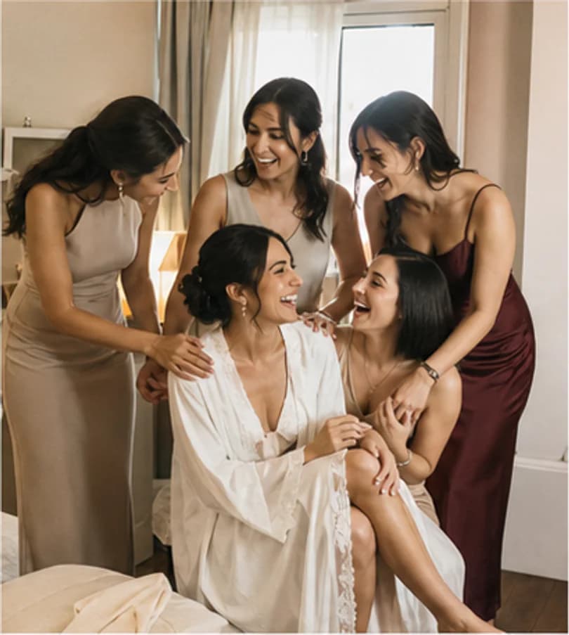 A bride getting ready with close friends in the preparation room