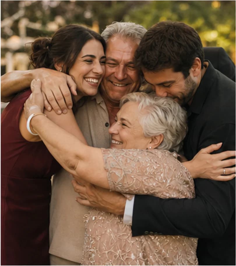 Family members embracing during the wedding celebration