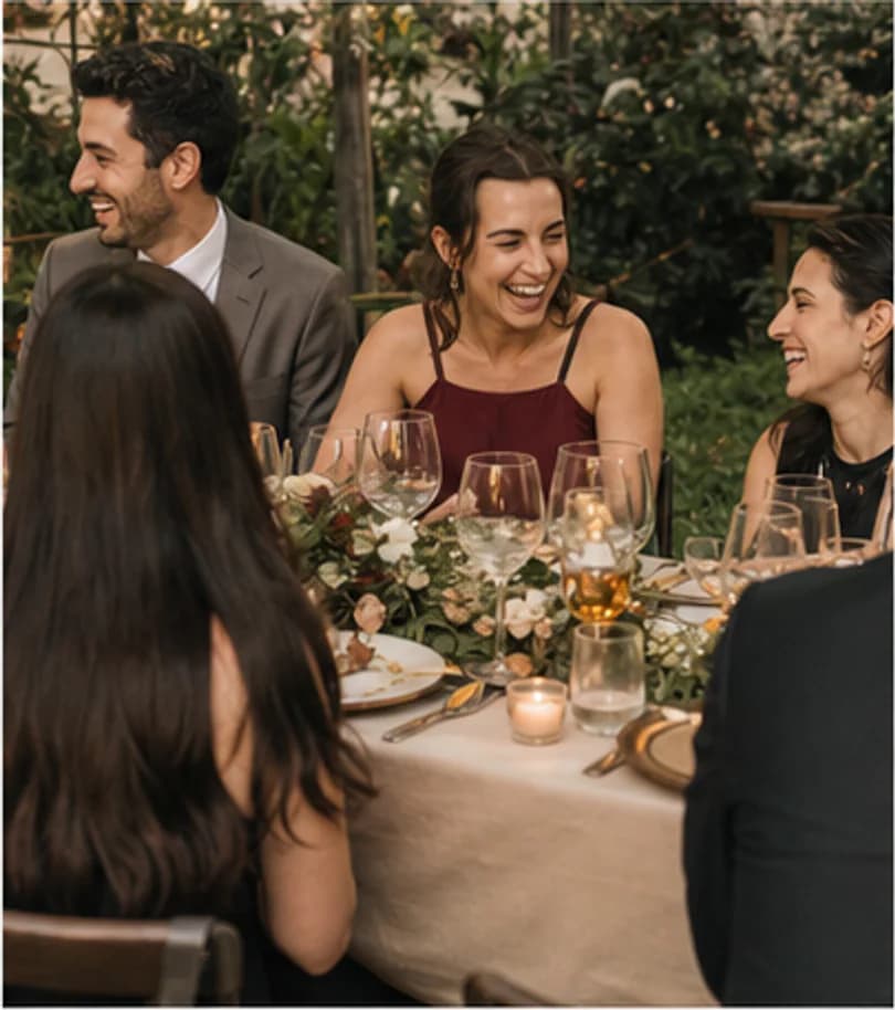 Wedding guests laughing together around a friends' table