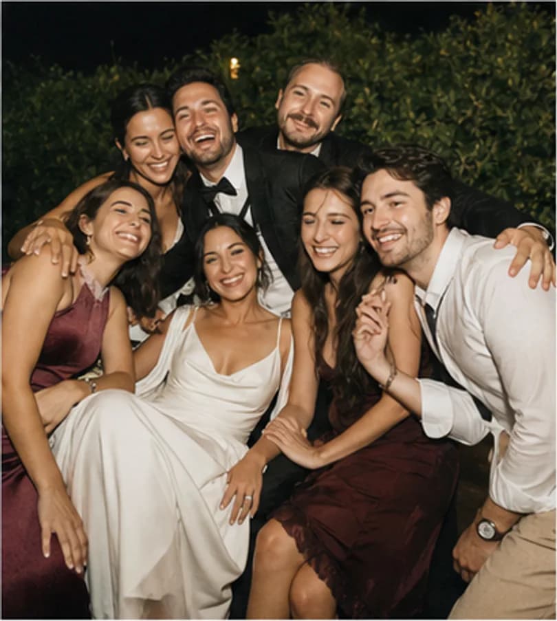 A group of friends smiling together late in the evening